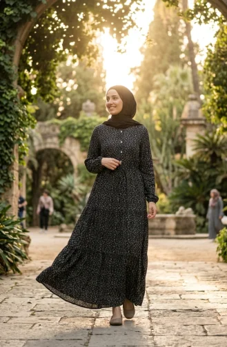 Robe Modeste à Motif Floral Et Ceinture à Nouer 0295-02 Noire 0295-02