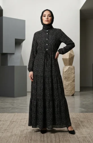 Robe Modeste à Motif Floral Et Ceinture à Nouer 0295-02 Noire 0295-02