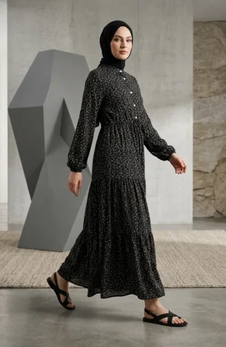 Robe Modeste à Motif Floral Et Ceinture à Nouer 0295-02 Noire 0295-02