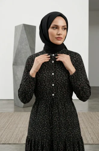 Robe Modeste à Motif Floral Et Ceinture à Nouer 0295-02 Noire 0295-02