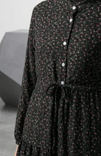Robe Modeste à Motif Floral Et Ceinture à Nouer 0295-02 Noire 0295-02