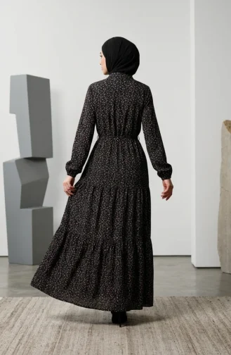 Robe Modeste à Motif Floral Et Ceinture à Nouer 0295-02 Noire 0295-02