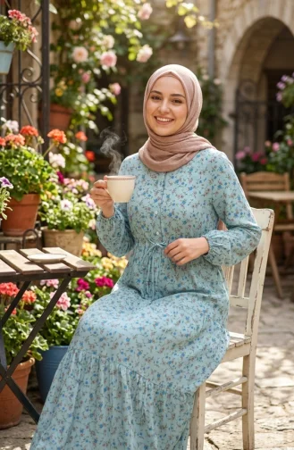 Robe Modeste à Motif Floral Et Ceinture à Nouer 0296-01 Vert Clair 0296-01