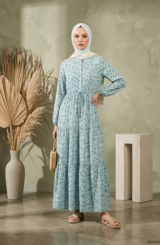 Robe Modeste à Motif Floral Et Ceinture à Nouer 0296-01 Vert Clair 0296-01