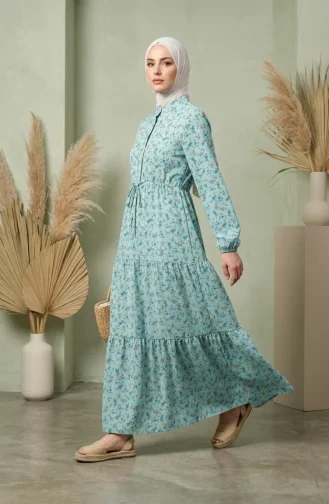 Robe Modeste à Motif Floral Et Ceinture à Nouer 0296-01 Vert Clair 0296-01
