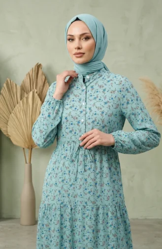 Robe Modeste à Motif Floral Et Ceinture à Nouer 0296-01 Vert Clair 0296-01