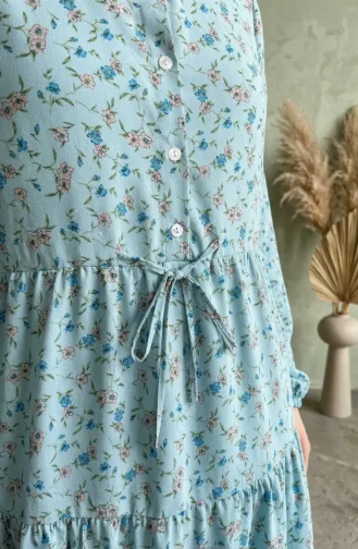 Robe Modeste à Motif Floral Et Ceinture à Nouer 0296-01 Vert Clair 0296-01
