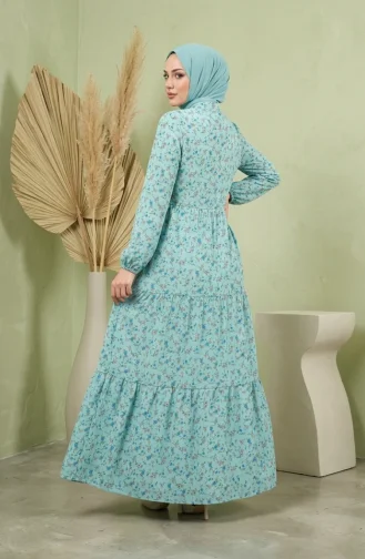 Robe Modeste à Motif Floral Et Ceinture à Nouer 0296-01 Vert Clair 0296-01