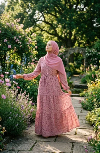 Robe Modeste à Motif Floral Et Ceinture à Nouer 0296-02 Rose 0296-02