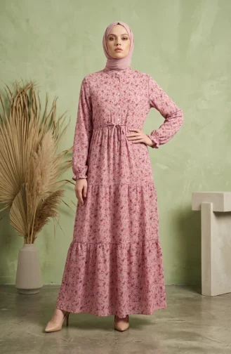 Robe Modeste à Motif Floral Et Ceinture à Nouer 0296-02 Rose 0296-02