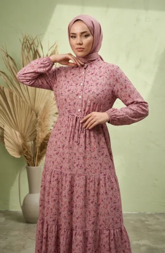 Robe Modeste à Motif Floral Et Ceinture à Nouer 0296-02 Rose 0296-02