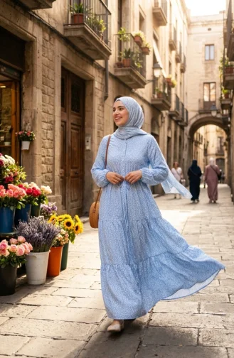 فستان محتشم بنقشة أوراق الشجر ورباط خصر، أزرق، رقم الموديل 0297-01 0297-01