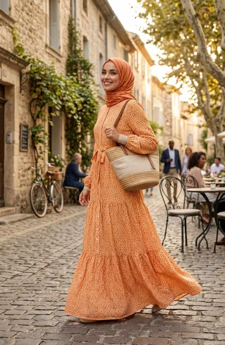 Robe Modeste à Ceinture à Motif De Feuilles 0297-02 Moutarde 0297-02