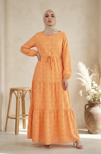 Robe Modeste à Ceinture à Motif De Feuilles 0297-02 Moutarde 0297-02