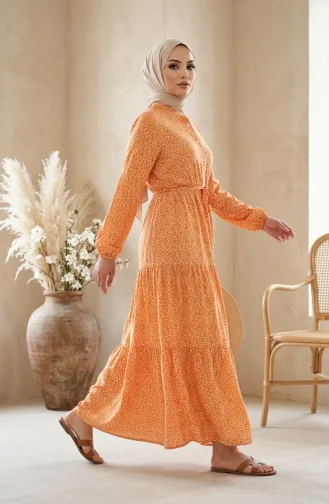 Robe Modeste à Ceinture à Motif De Feuilles 0297-02 Moutarde 0297-02
