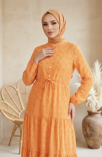 Robe Modeste à Ceinture à Motif De Feuilles 0297-02 Moutarde 0297-02