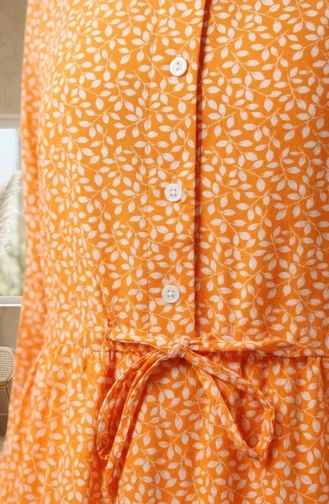Robe Modeste à Ceinture à Motif De Feuilles 0297-02 Moutarde 0297-02