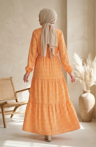 Robe Modeste à Ceinture à Motif De Feuilles 0297-02 Moutarde 0297-02