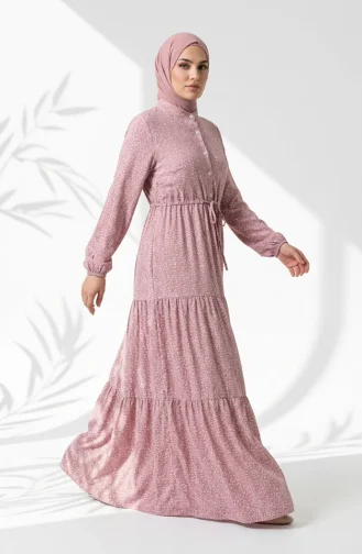 Robe Modeste à Motif Floral Et Ceinture à Nouer 0298-01 Rose 0298-01