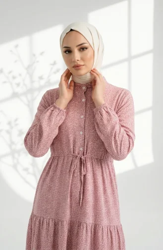 Robe Modeste à Motif Floral Et Ceinture à Nouer 0298-01 Rose 0298-01