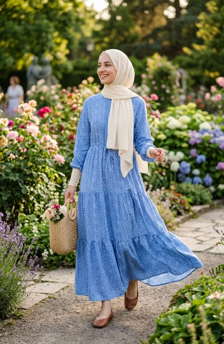 Bescheidenes Kleid Mit Blumenmuster Und Taillenband 0298-02 Marineblau 0298-02