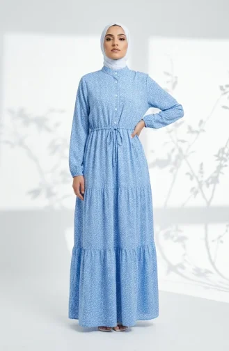 Bescheidenes Kleid Mit Blumenmuster Und Taillenband 0298-02 Marineblau 0298-02
