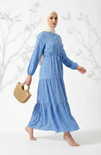Bescheidenes Kleid Mit Blumenmuster Und Taillenband 0298-02 Marineblau 0298-02