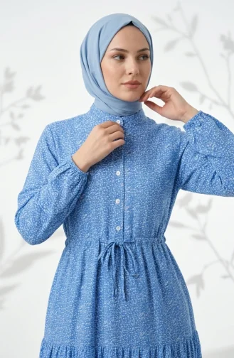 Bescheidenes Kleid Mit Blumenmuster Und Taillenband 0298-02 Marineblau 0298-02