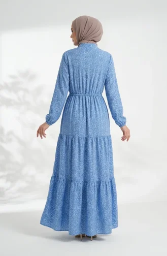 Bescheidenes Kleid Mit Blumenmuster Und Taillenband 0298-02 Marineblau 0298-02