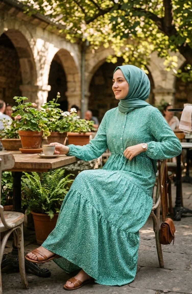 فستان محتشم بنقشة زهور وربطة خصر، أخضر اللون، رقم الموديل 0298-04 0298-04