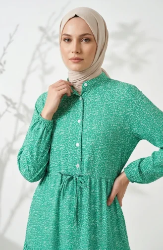 فستان محتشم بنقشة زهور وربطة خصر، أخضر اللون، رقم الموديل 0298-04 0298-04