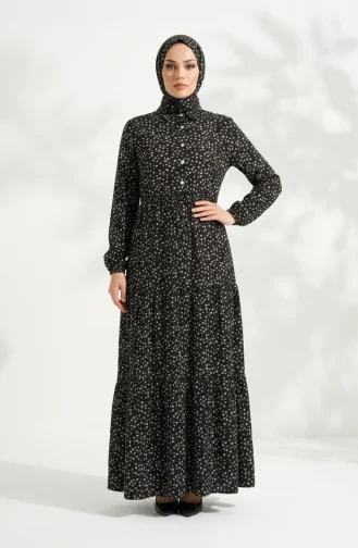 Schwarzes Geblümtes Tailliertes Kleid 0299-01 0299-01