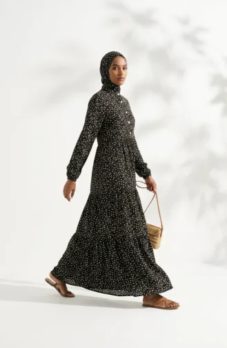 Schwarzes Geblümtes Tailliertes Kleid 0299-01 0299-01