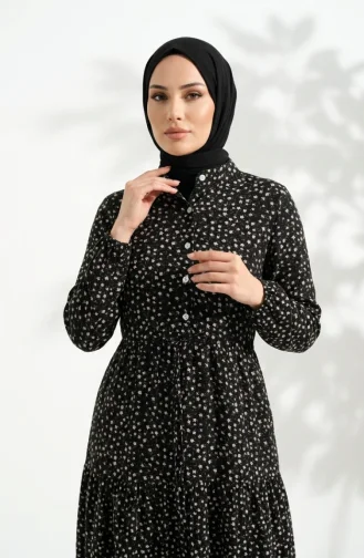 Schwarzes Geblümtes Tailliertes Kleid 0299-01 0299-01