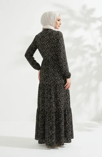 Schwarzes Geblümtes Tailliertes Kleid 0299-01 0299-01