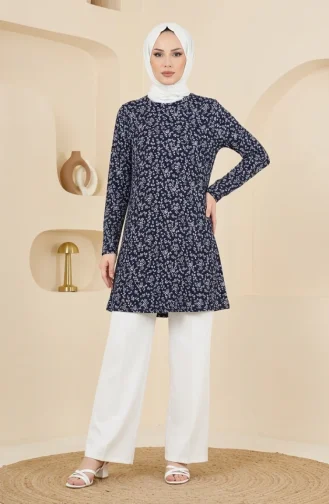 Patterned Tunic With Crinkle Fabric 0504-03 Navy Blue 0504-03