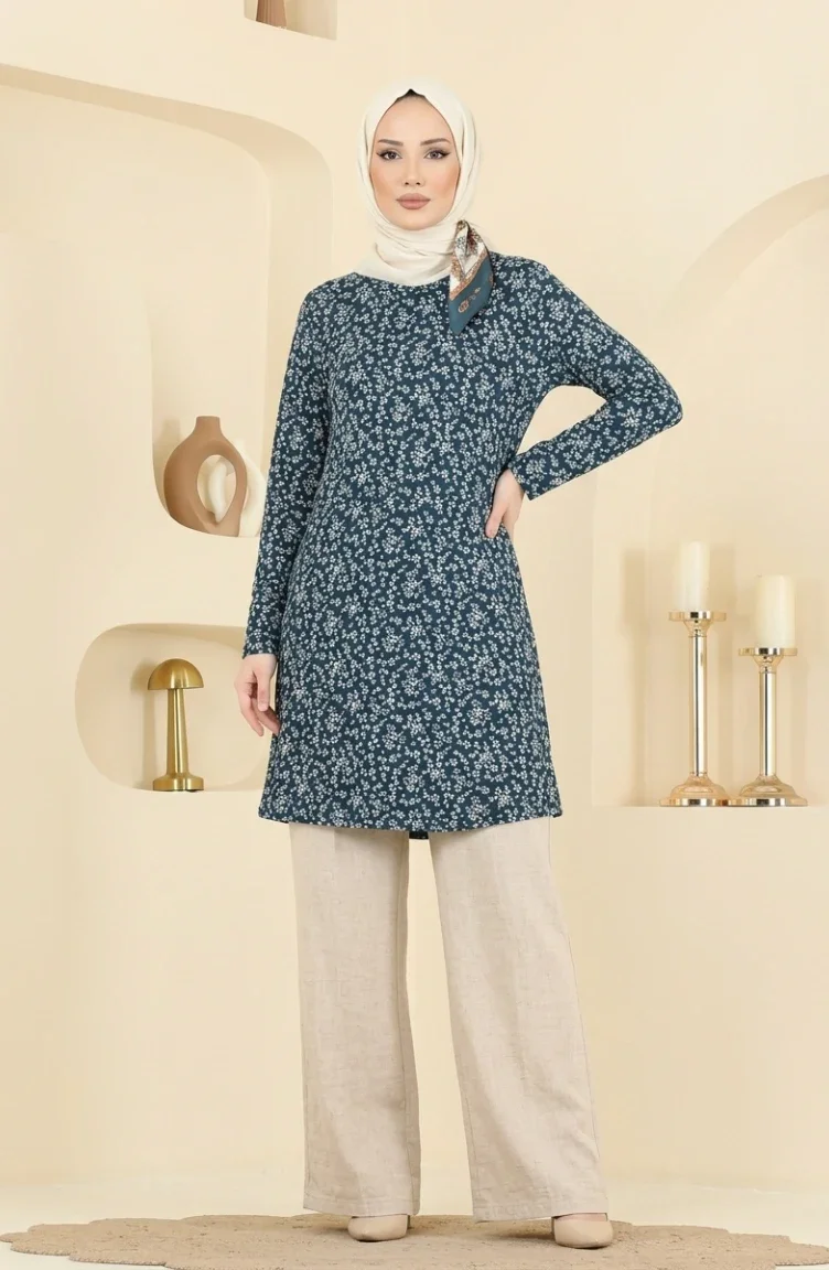 Crinkle Fabric Patterned Tunic 0504-04 Petrol 0504-04