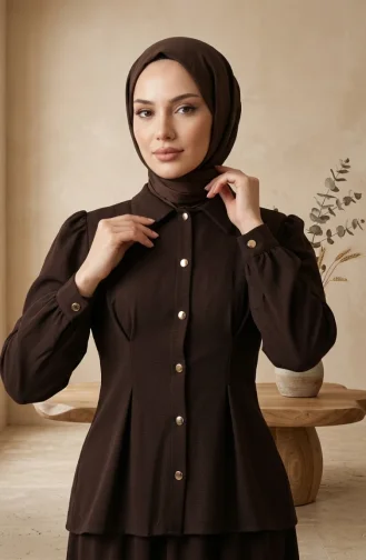 طقم مكون من قطعتين من الكتان، بلوزة وتنورة بأزرار، 0277-02 بني 0277-02
