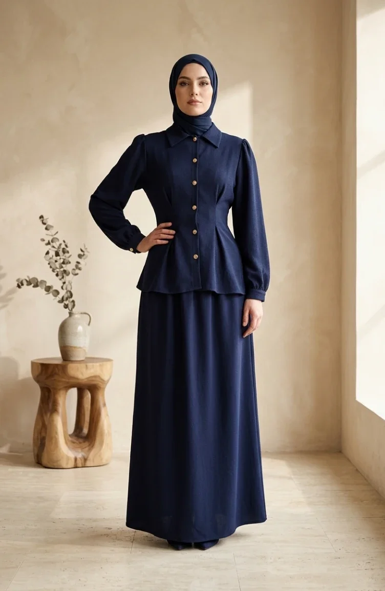 طقم مكون من قطعتين من الكتان، بلوزة وتنورة بأزرار، لون كحلي 0277-04 0277-04