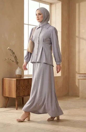 طقم من قطعتين من الكتان، بلوزة وتنورة بأزرار، 0277-05 رمادي 0277-05