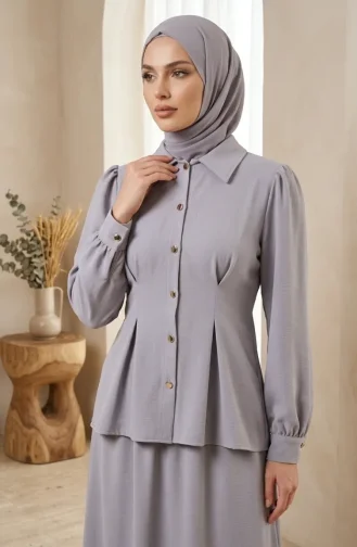 طقم من قطعتين من الكتان، بلوزة وتنورة بأزرار، 0277-05 رمادي 0277-05