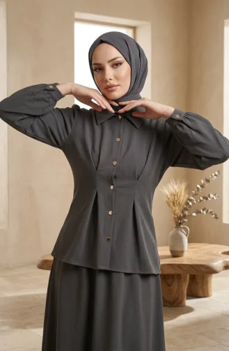 طقم مكون من قطعتين من الكتان، بلوزة وتنورة بأزرار، 0277-06، لون أنثراسيت 0277-06
