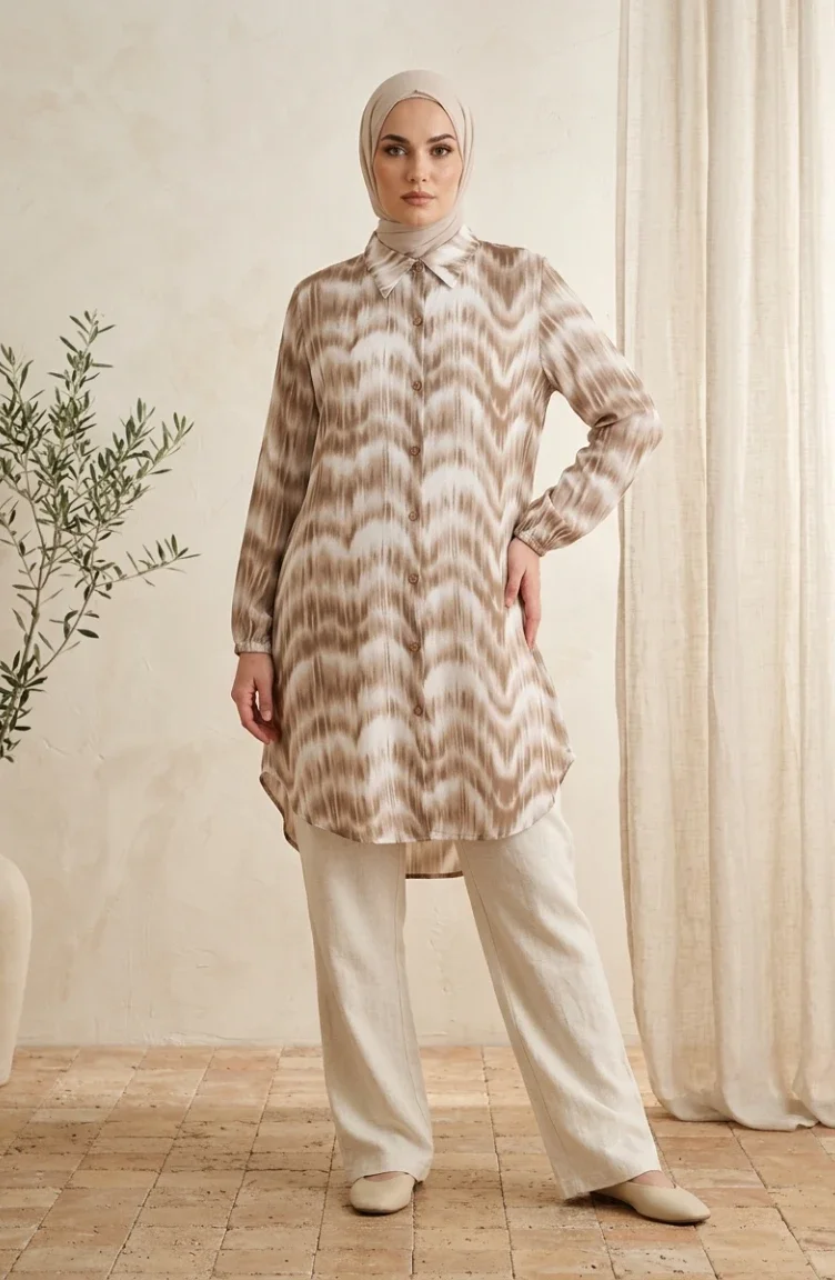 Tunique En Viscose à Col Chemise 0273-03 Beige 0273-03