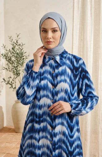 Tunique En Viscose à Col Chemise 0273-05 Bleu Marine 0273-05