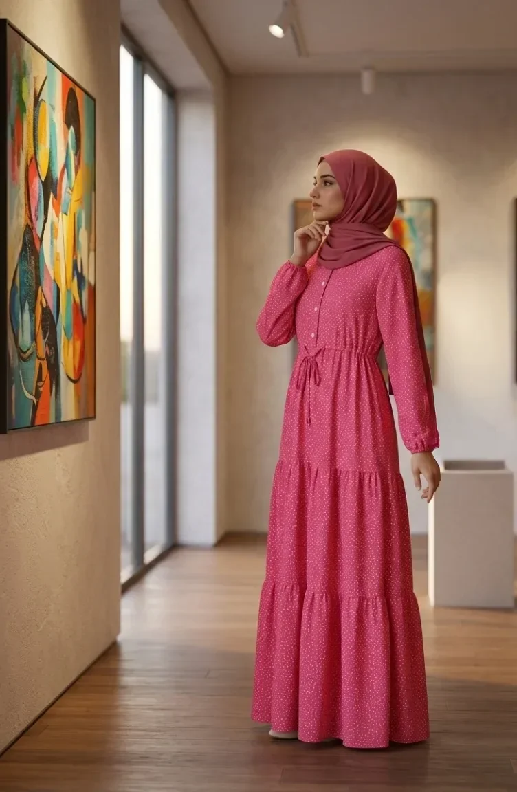 Hakim Yaka Puantiyeli Tesettür Elbise 0290-01 Pembe