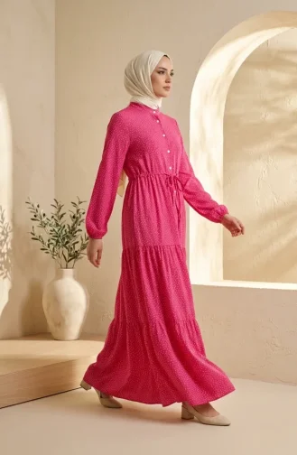 Hakim Yaka Puantiyeli Tesettür Elbise 0290-01 Pembe