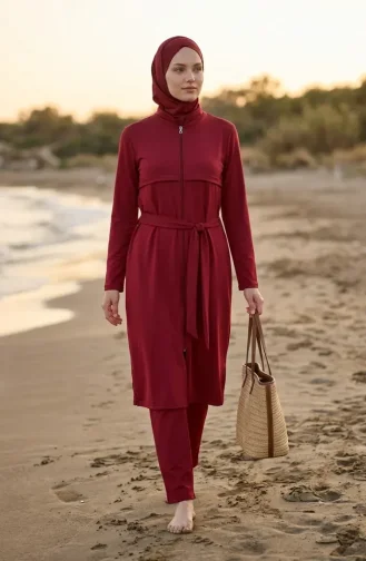 Modern Simplicity Belted Zippered Modest Swimsuit 2602-05 Terracotta 2602-05