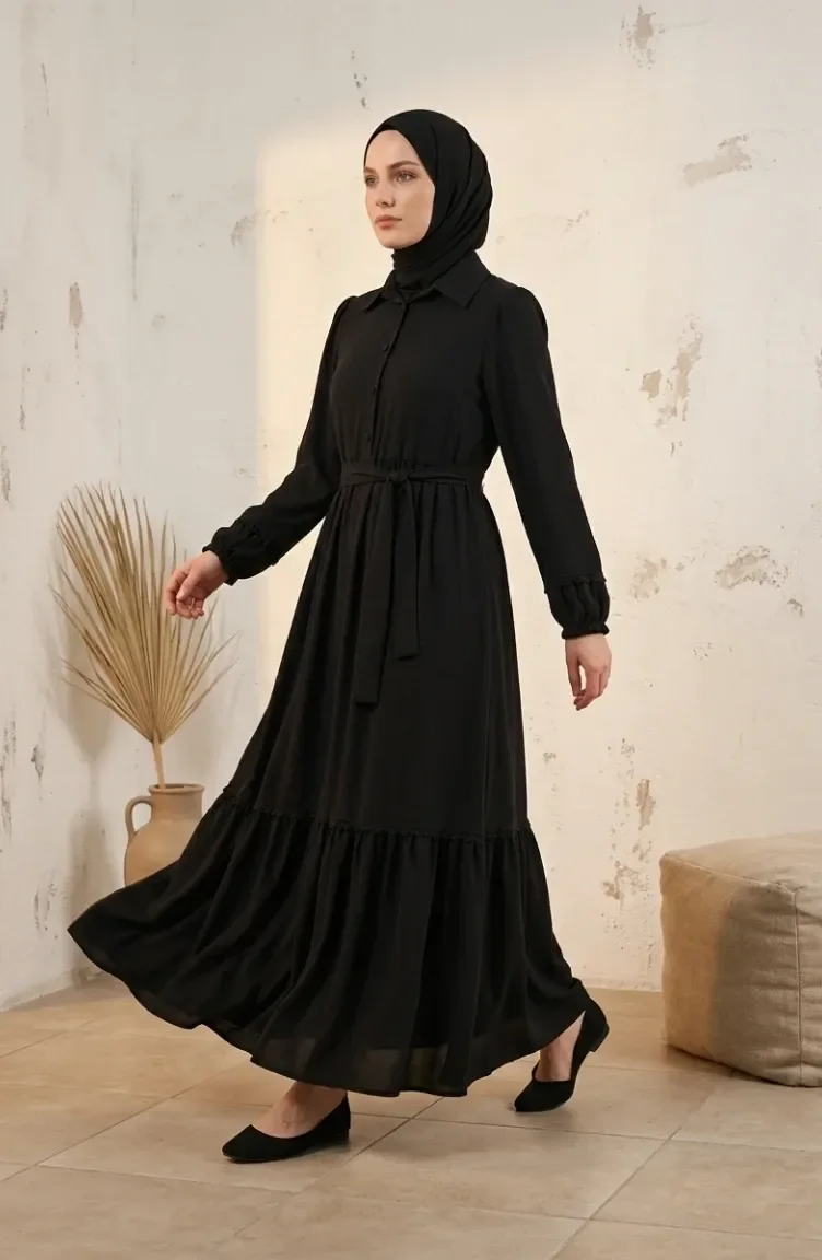 Kleid Mit Spitzendetails Und Gürtel 5086-01 Schwarz 5086-01