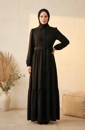 Kleid Mit Spitzendetails Und Gürtel 5086-01 Schwarz 5086-01