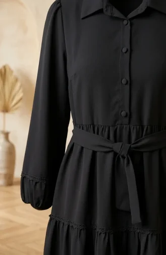 Kleid Mit Spitzendetails Und Gürtel 5086-04 Dunkelgrau 5086-04